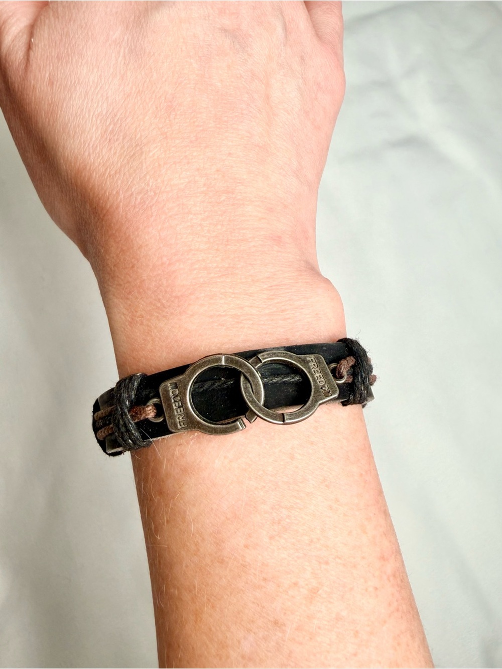 Black Braided Leather Bracelet w Handcuff Design